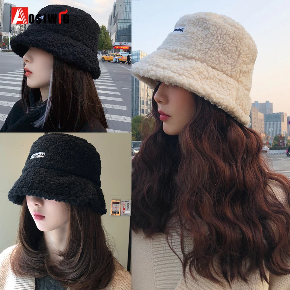 AOSI Synthetic Hat Wig Long Wavy Wig Fashion Autumn And Winter Lamb Hair Fisherman\'s Hat Ripple Wig Hat For Women