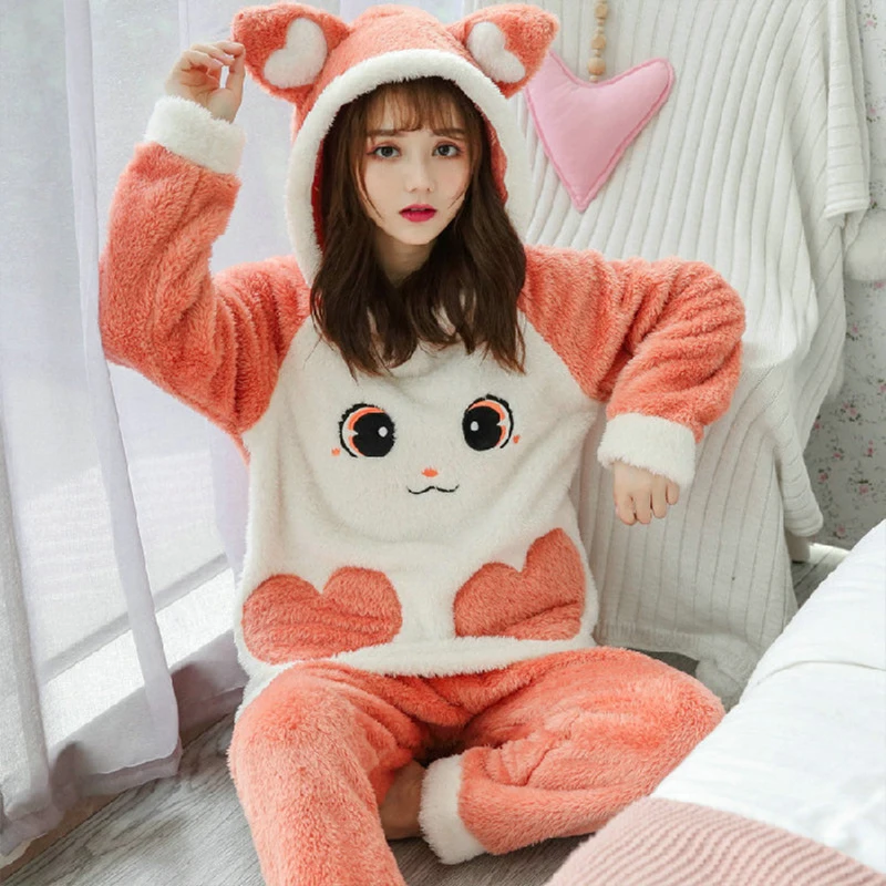 

Sleep Tops Cute Winter Flannel Pajamas Set Women's Sleepwear Thick Plush Animal Cartoon Warm Girl Plus Velvet Hooded Homewear