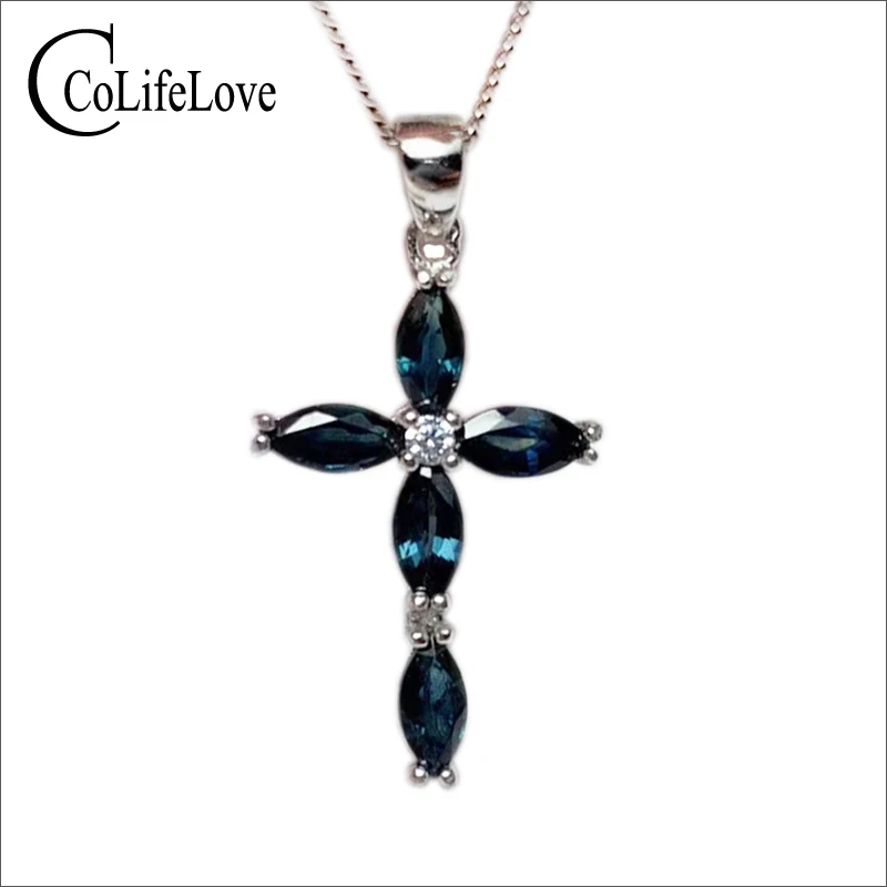 CoLife Jewelry 925 Silver Sapphire Cross Pendant 5PCS Natural Sapphire Silver Cross Pendant Solid 925 Silver Sapphire Jewelry