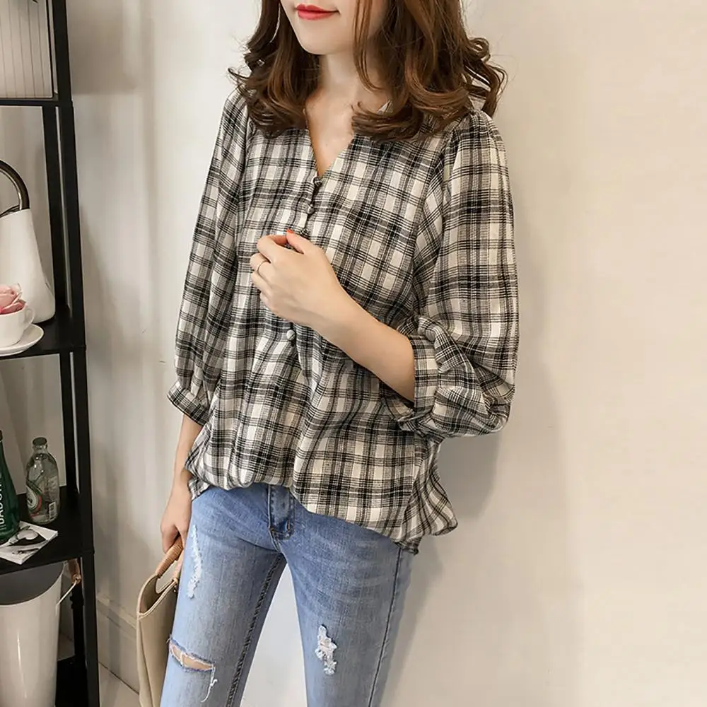 2021 Autumn Vintage Plaid Shirts Women 3/4 Puff Sleeve V Neck Buttons Loose Blouse Streetwear Fashion Ladies Blouse