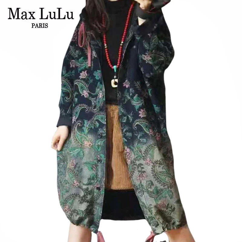 Max LuLu 2021 Printed Hooded Single Breasted Trench Women Loose Harajuku Windbreakers Autumn Long Clothes Ladies Punk Streetwear