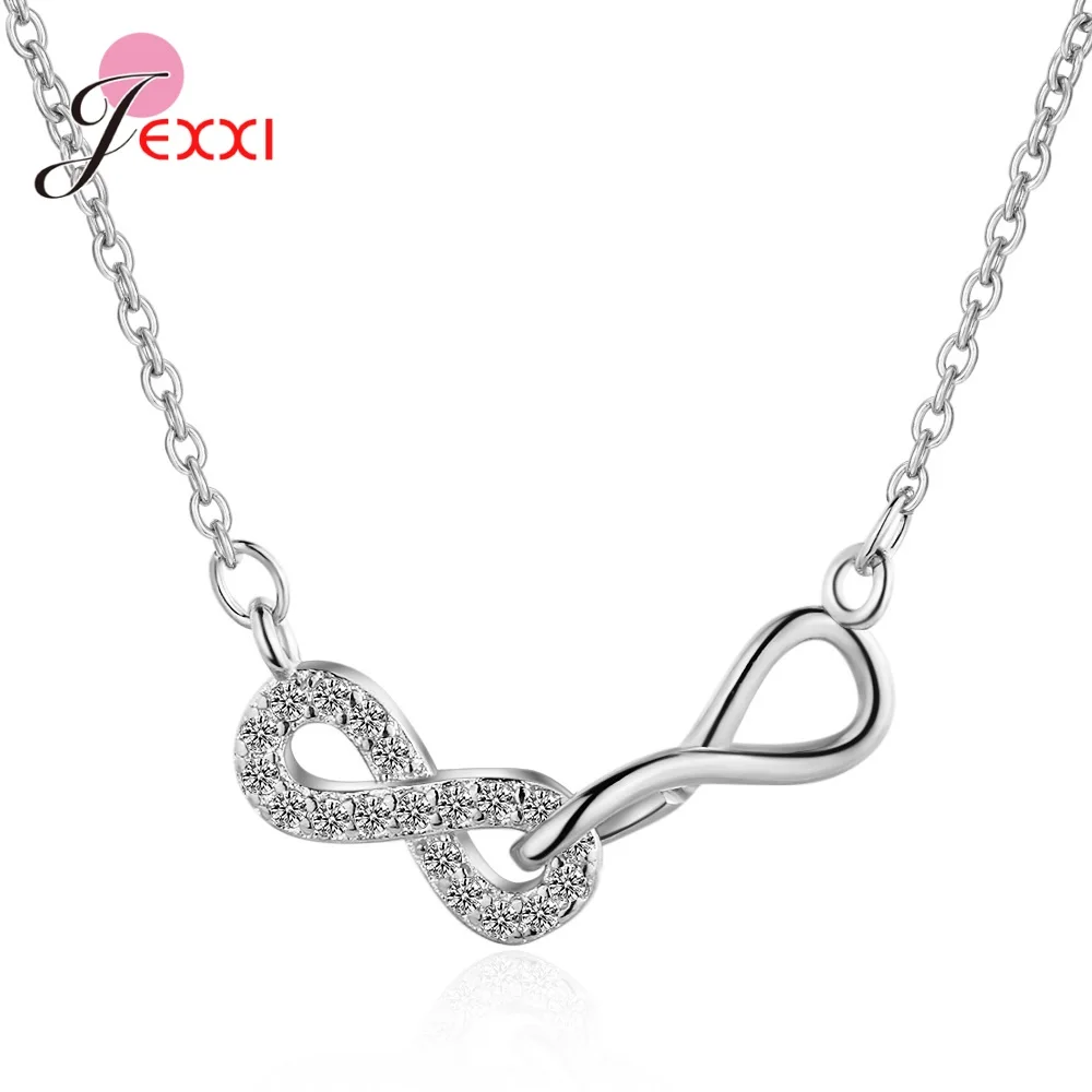 Pure 925 Sterling Silver Color Necklace for Women Chic Lucky Number Eight Infinity Cubic Zirconia Pendant NecklaceJewelry Gift