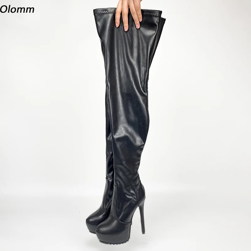 

Olomm New Women Winter Platform Thigh Boots Full Side Zipper Stiletto Heel Round Toe Black Night Club Shoes Plus US Size 5-20