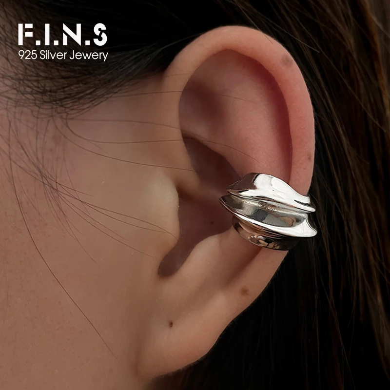 

F.I.N.S 1PC Exaggerated Wide S925 Sterling Silver Geometric Ear Clip No Pierced Bump Earcuff Catilage Fine Jewelry No Ear Hole