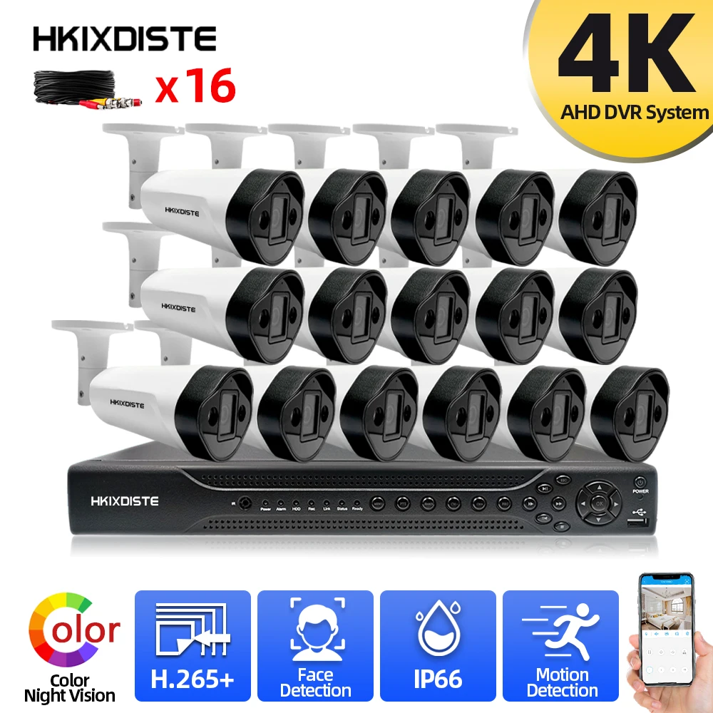 hkixdiste cctv camera security system vigilancia por video a prova dagua kit dvr colorido sistema ahd 16ch 4k 8mp visao noturna 01