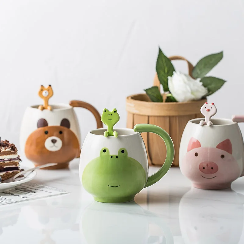 1pc ręcznie malowany kubek kawy piękny Panda/żaba/kot/świnia kubek ceramiczny filiżanka zawiera łyżeczkę