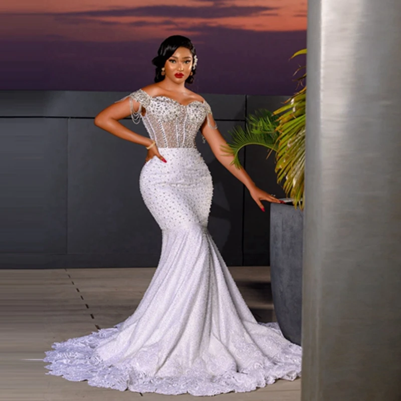 

Luxury Pearls Beading Mermaid Africa Wedding Dress Pretty Sweetheart Crystals Aso Ebi Bridal Gowns Off The Shoulder Wedding Gown