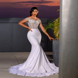 Luxury Pearls Beading Mermaid Africa Wedding Dress Pretty Sweetheart Crystals Aso Ebi Bridal Gowns Off The Shoulder Wedding Gown