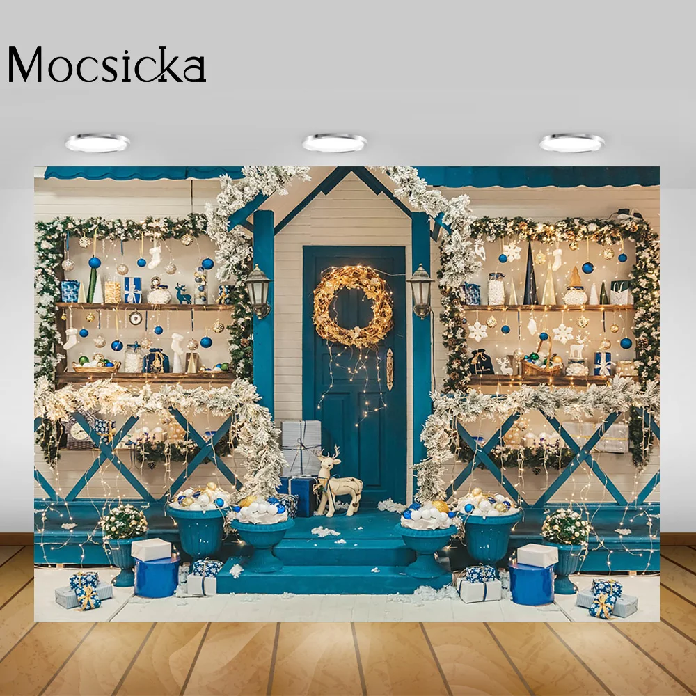 Quà Tặng Giáng Sinh Shop Phông Nền Trang Trí Mùa Đông Xanh Dương Nhà Bánh Sinh Nhật Đập Chân Dung Nền Merry Xmas Chụp Ảnh
