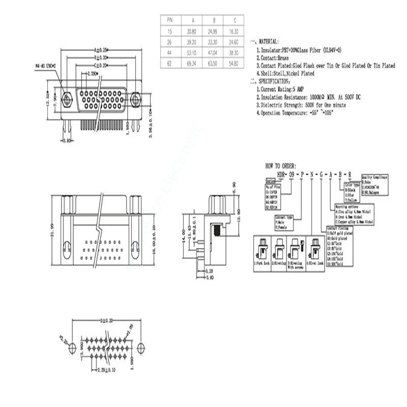 5pcs/Lot D-sub DB26 HDR26 Connector Male/Female Plug 26-pin 3-Row Right Angle Port Terminal Breakout