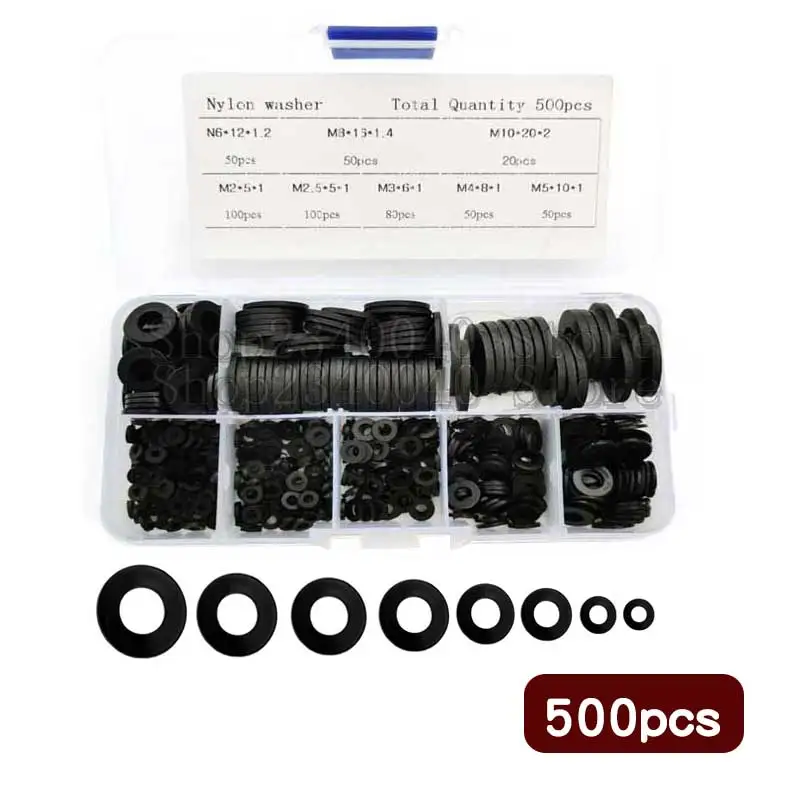 

500Pcs Nylon Plastic Flat Washer M2 M2.5 M3 M4 M5 M6 M8 M10 Black Flat Spacer Washer Seals Gasket Ring Metric Washer Gaskets Kit