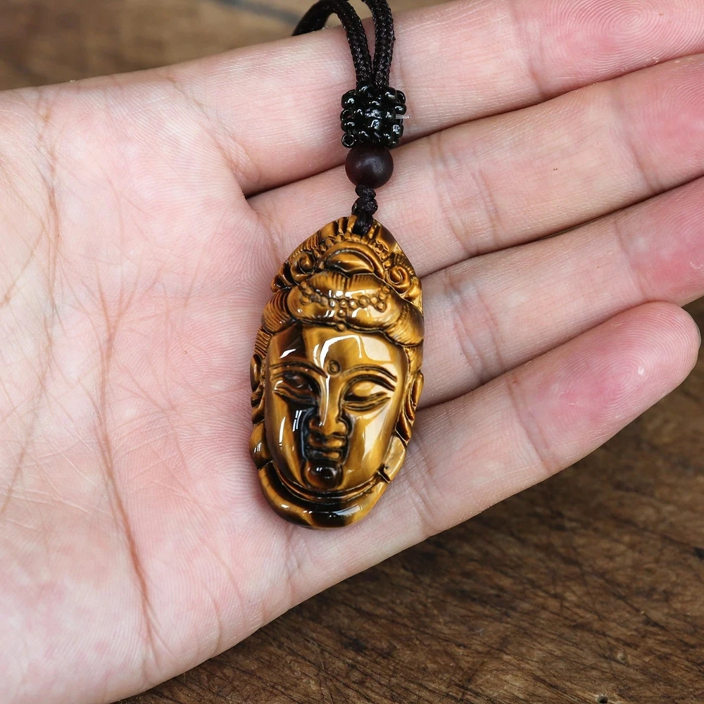 New Buddhist Guanyin Avatar Natural Tiger Eye Stour Jade Carved Buddha Pendant Lucky Energy Necklace Fashion Jewelry Accessories