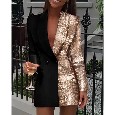 Women Fashion Club Female Colorblock Sequin Long Sleeve Blazer Mini Party Club Vestidos Streetwear