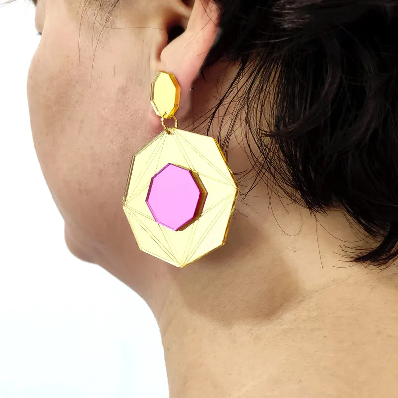 Octagon Geometric Earrings for Women Acrylic Gold Silver Color Mirror Green Blue Pink Classic Trendy Fashion Jewelry