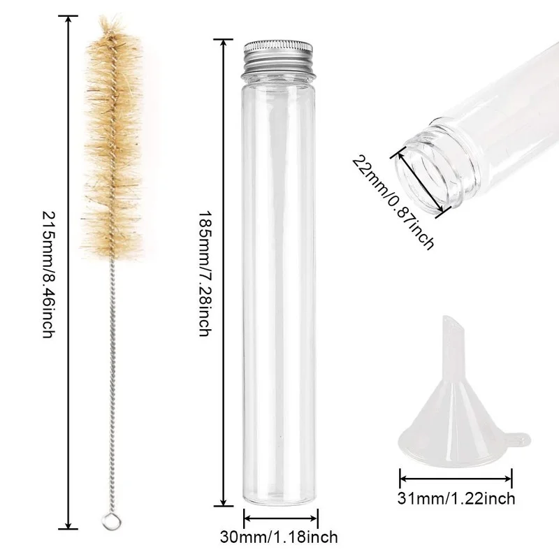 나사 캡이 달린 투명 플랫 플라스틱 시험관, 30x180mm, 깔때기 3 개, 브러시 1 개, 대형 할로윈 과학 파티, 115ml, 20 개