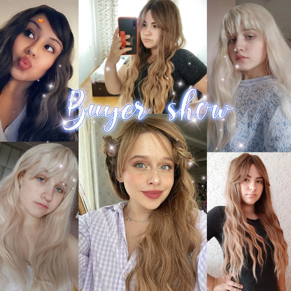 oneNonly Long Brown Blonde Wigs with Bangs Water Wave Heat Resistant Wavy Hair Synthetic Wig for Women Daliy Natural Lolita