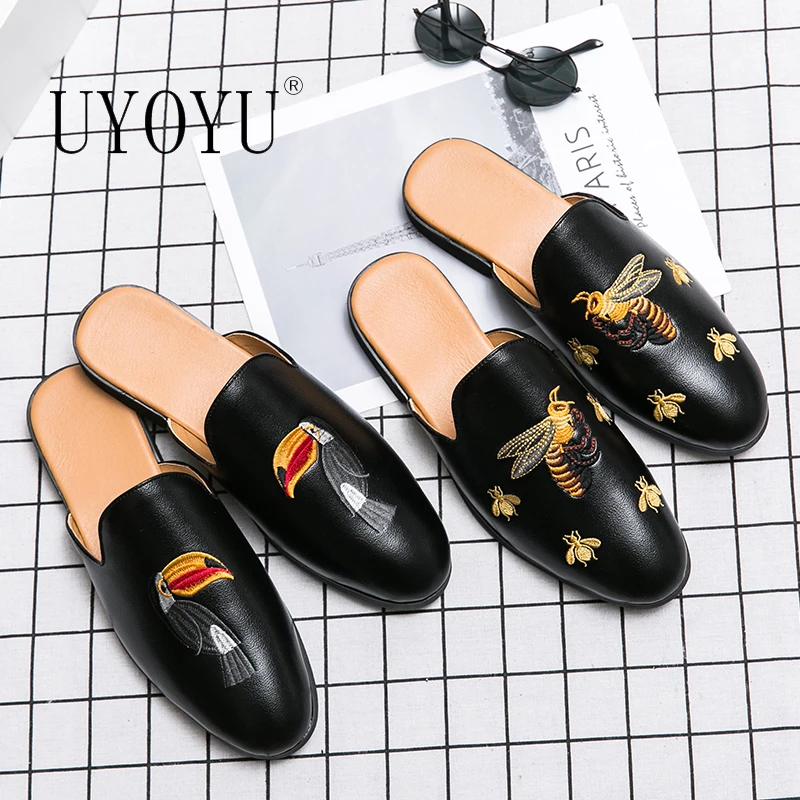 New Arrival Brand Designer Mens Casual Bee Bird Leather Business Italian Men Half Shoes Drop Ship Muls Man White Slides Slippers