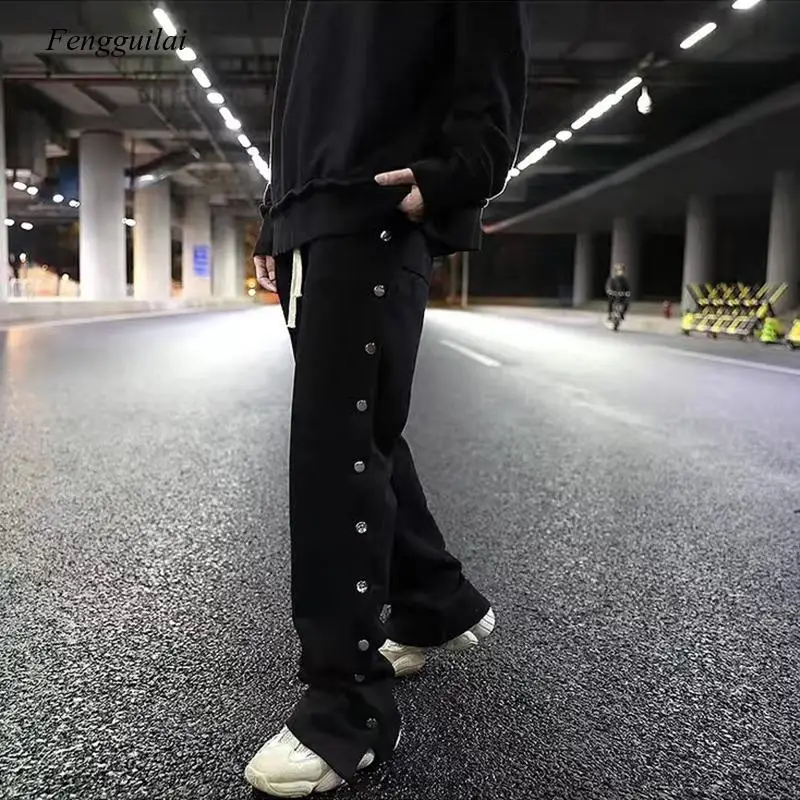 Double Side Button Jogger Sweatpants Men Elastic Wasit Streetwear Loose Casual Hip Hop Trousers Wide Leg Harajuku Cargo Pants