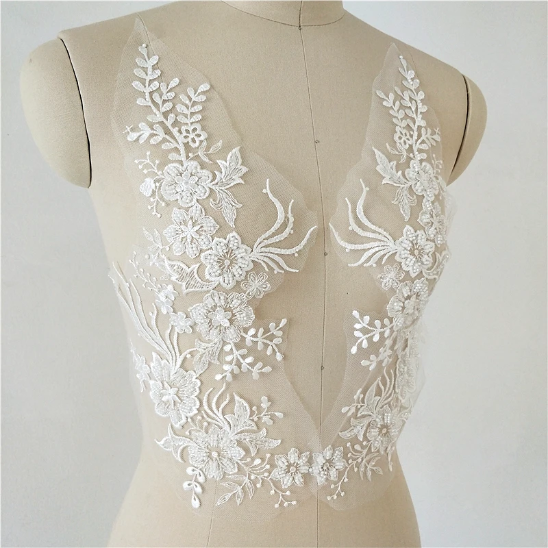 1 Pc  38X18CM High-end Ivory Embroidered Beaded Sequins Decorative Flower Apparel Skirt Wedding Dress diy Lace Applique Sewon