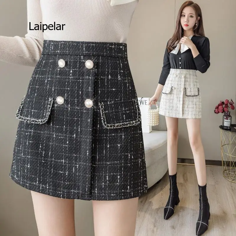 

Korean Pockets Office Lady Mini Skirts High Waist Autumn Tweed Skirt Women Pearls Plaid Wool Pencil Skirts