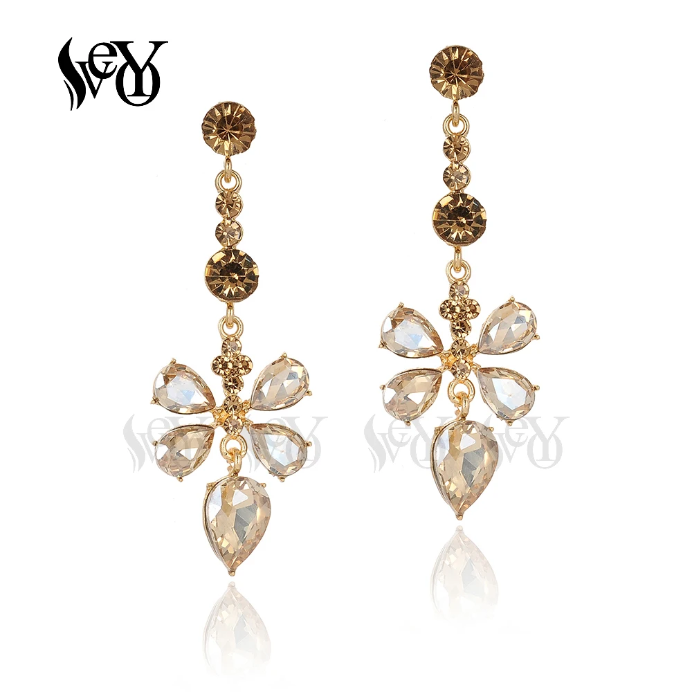 VEYO Long Flower Crystal Earrings Elegant lady Rhinestone Dangle Earrings for Women Fashion Jewelry New