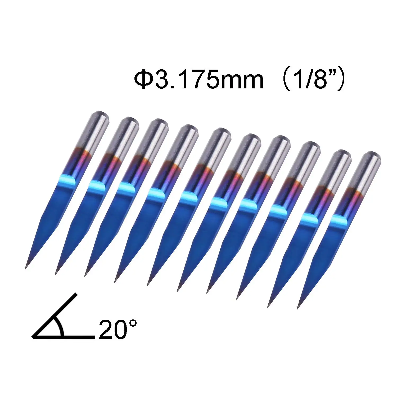 V Shape Milling Cutter 10pcs 3.175 Shank Blue Coated Flat Bottom Carbide PCB Engraving Bits CNC Router Cutter For Router