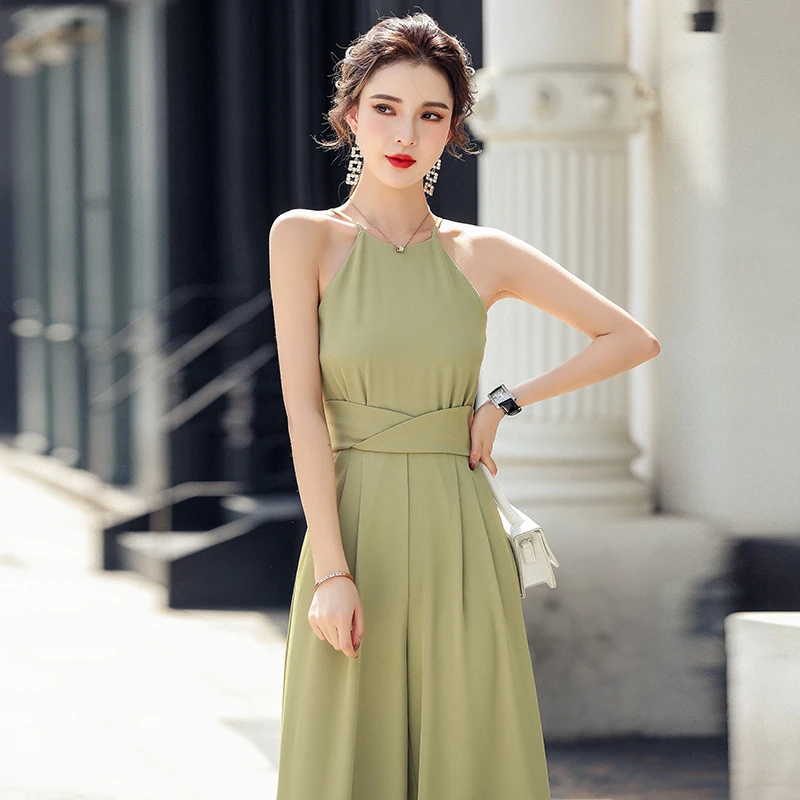 Elegant Halter Green Jumpsuit Woman Outfit Solid Bandage High Waist Rompers Playsuits Female Overalls Summer Korean Clothing