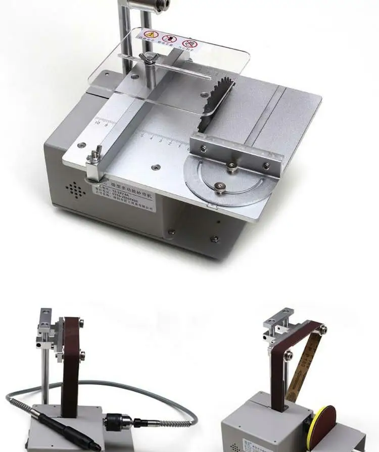Minilijadora de correa 4 en 1, sierra de mesa eléctrica multifuncional hecha a mano para carpintería, modelo de escritorio DIY, máquina pulidora de corte