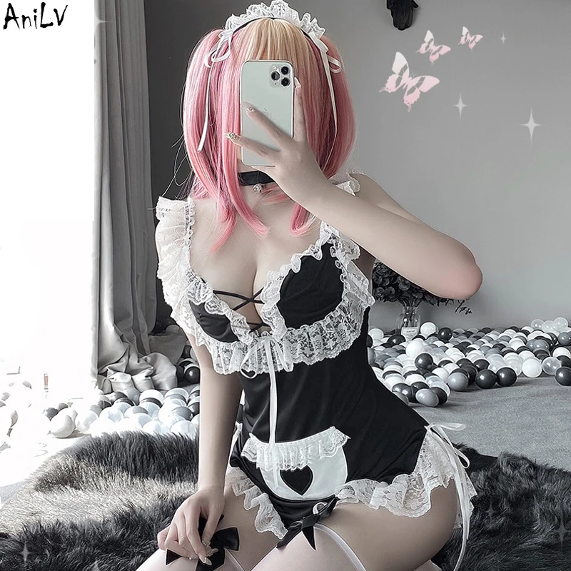 AniLV Anime Lolita Girl Maid Dress Unirom Costumes Cosplay Comics Cook Lady Coffee Maid Lace Edge Nightdress Erotic Outfit Set