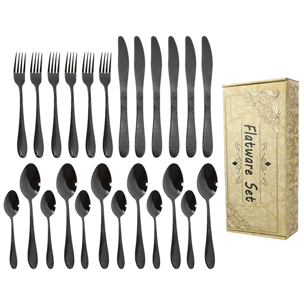 

24pcs Black Dinnerware Cutlery Set Stainless Steel Tableware Set Knife Fork Spoon Flatware Set Dishwasher Safe Gift Box