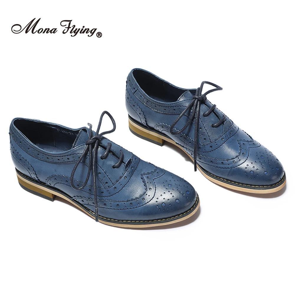 Mona Flying Women Premium Leather Oxfords Wingtips Brogue Shoes Hand-made Casual Lace-up Wingtips Flats for Ladies FLX18-21