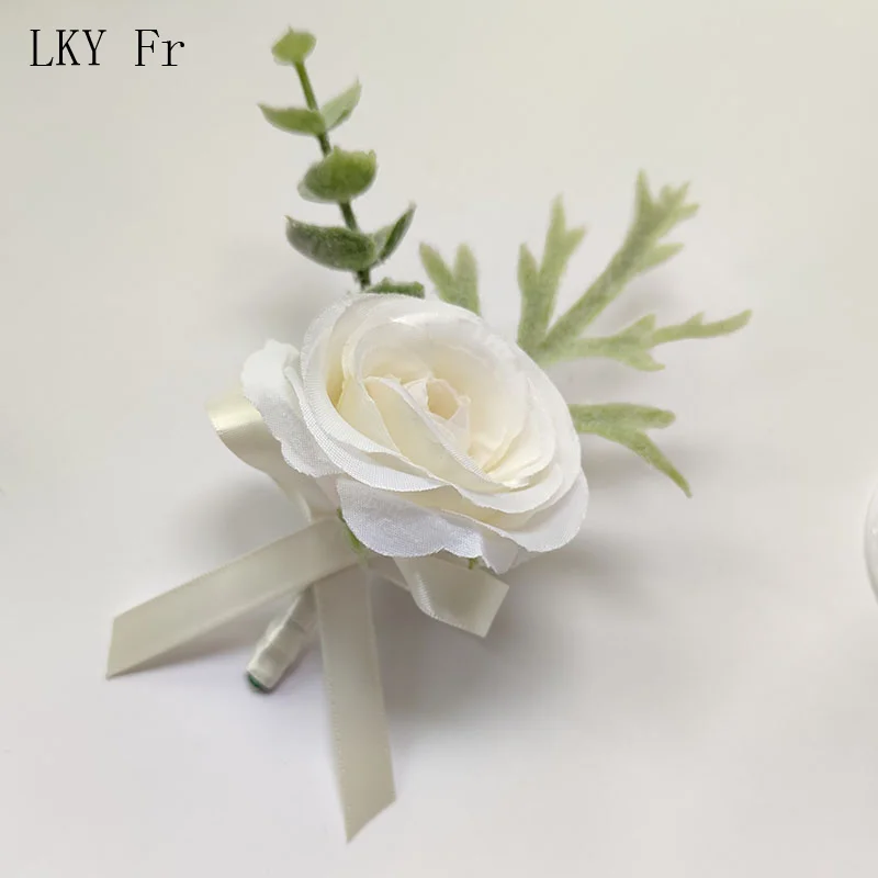 LKY Fr Boutonniere ดอกไม้งานแต่งงานสร้อยข้อมือ Corsage ข้อมือ Ivory Silk Rose เจ้าบ่าว Buttonhole เจ้าสาวแต่งงานเจ้าสาวอุปกรณ์เสริม