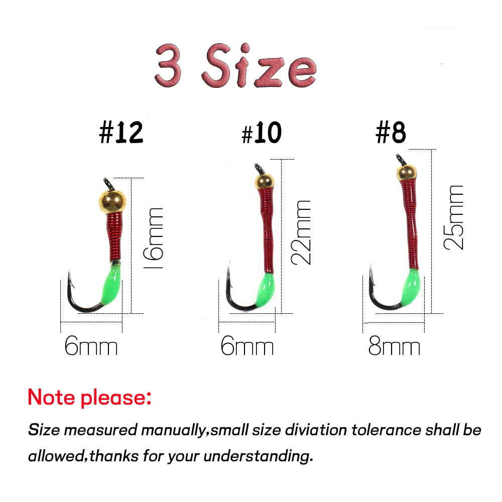 Jigeecarp 6pcs Brass Bead Buzzer Hand Made Red Wire Worm Lures For Whitefish Walleye Fast Sinking Ice Fishing Nymph Trout Baits