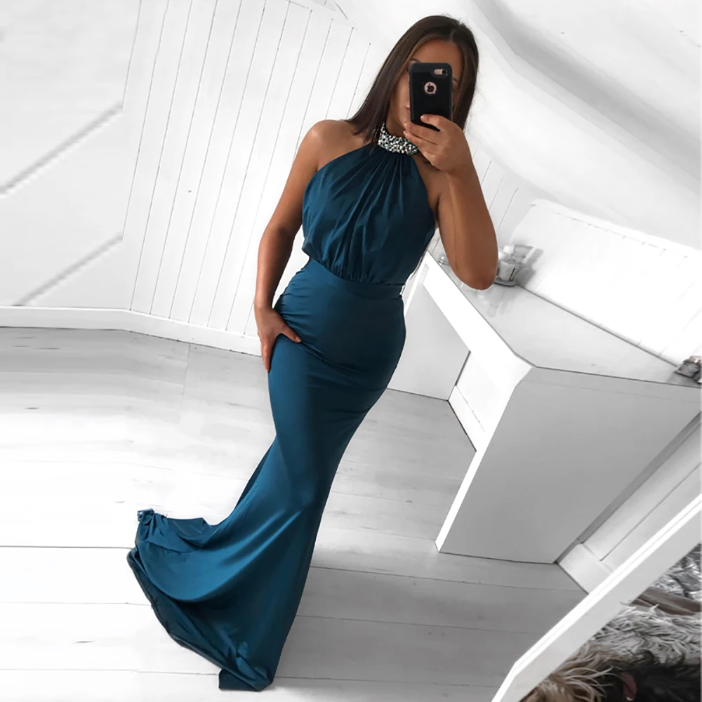 

New Customize Evening Dresses Mermaid Halter Neck Beaded Islamic Dubai Saudi Arabic Long Elegant Evening Gown