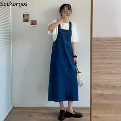 Women Sleeveless Dresses Denim Spaghetti Straps Loose Students All-match Sundress Korean Style Calf-length Streetwear Teens Chic