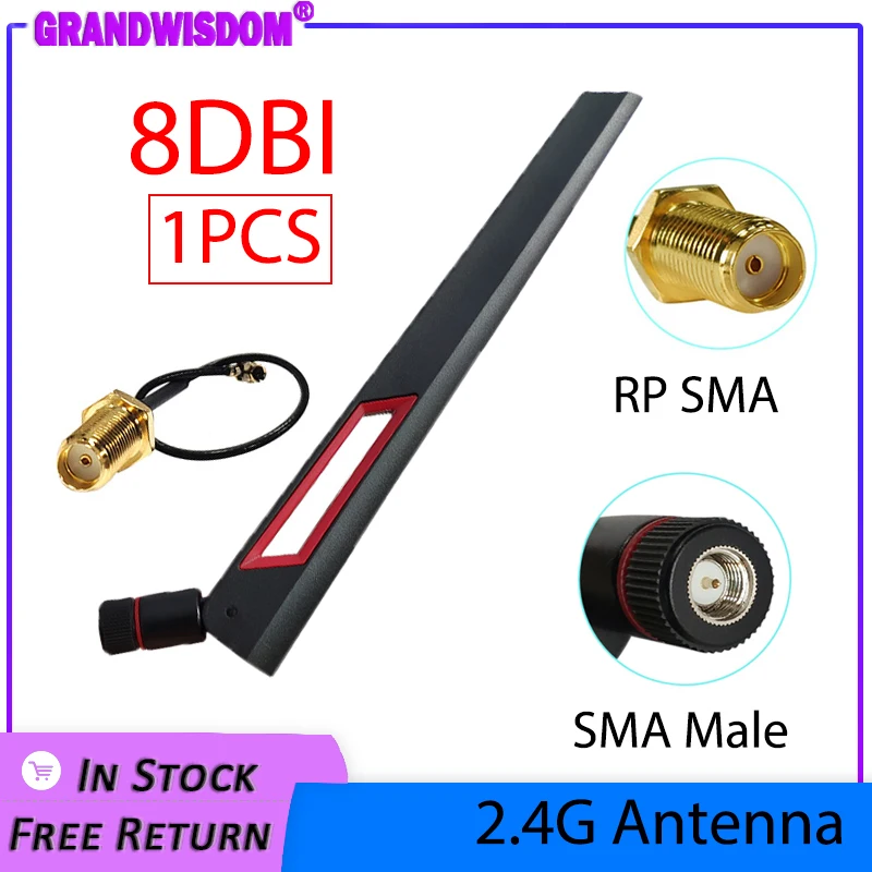 GRANDWISDOM 1pcs 2.4G antenna 8dbi sma male wlan wifi 2.4ghz antene IPX ipex 1 SMA female pigtail Extension Cable iot antena