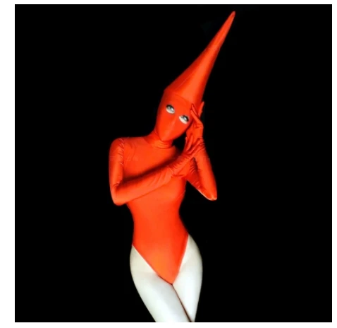 Red Pointed Hat Stretch Skinny Bodysuit Sexy Nightclub Halloween DJ Singer Dance Teams Costume Role Playing Stage Clothing