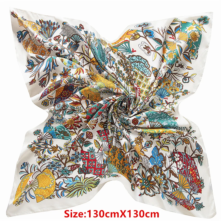 Luxury Brand 2023 New Design Branch & Fan Women Scarf Twill Silk Square Scarf Bandanna Kerchief Scarves For Ladies Shawl Echarpe