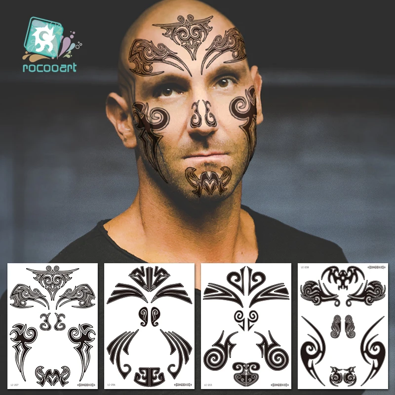 Rocooart Maori Temporary Tattoo Sticker Face Make up Tattoos Chinese Peking Opera masks Sticker Men Black Flash Waterproof