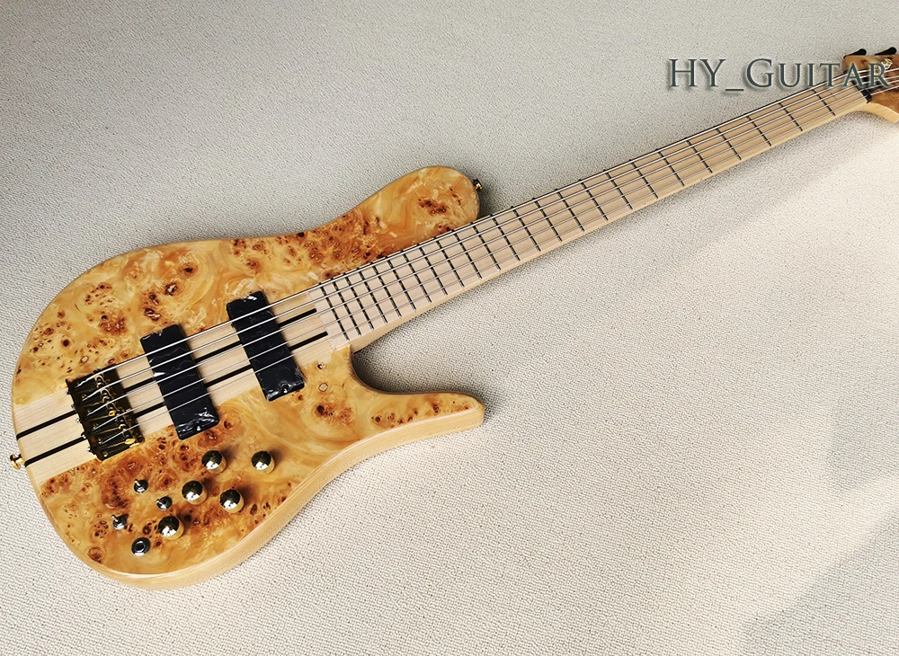 5 Strings Natural Wood Color Neck-thru-body Electric Bass Guitar with Bark Grain Veneer,Maple fretboard