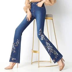 Women's High Waist Flare Jeans Vintage Women Blue Floral Embroidery Pocket Mom Jeans Skinny Stretch Denim Pants