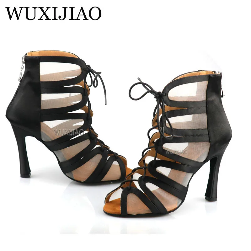 WUXIJIAO Ladies black mesh suede fashion cross strap sexy high heel sandals comfortable latin dance shoes salsa shoes