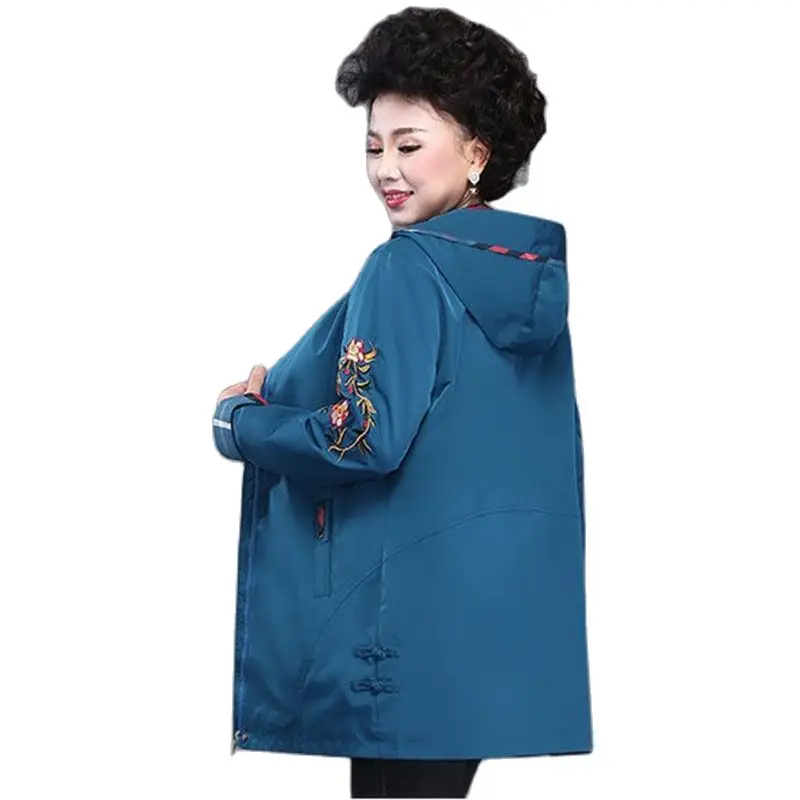 

Middle Aged Mother Spring Autumn Women's Jackets Mid-length Windbreaker Overcoat 2021New Ladies Clothing Hood Embroidere Jacket