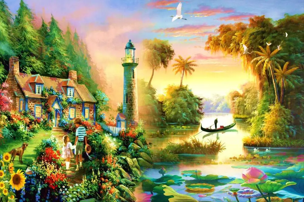 Evening lighthouse The wooden puzzle 1000 pieces ersion  jigsaw puzzle white card adult children's educational toys