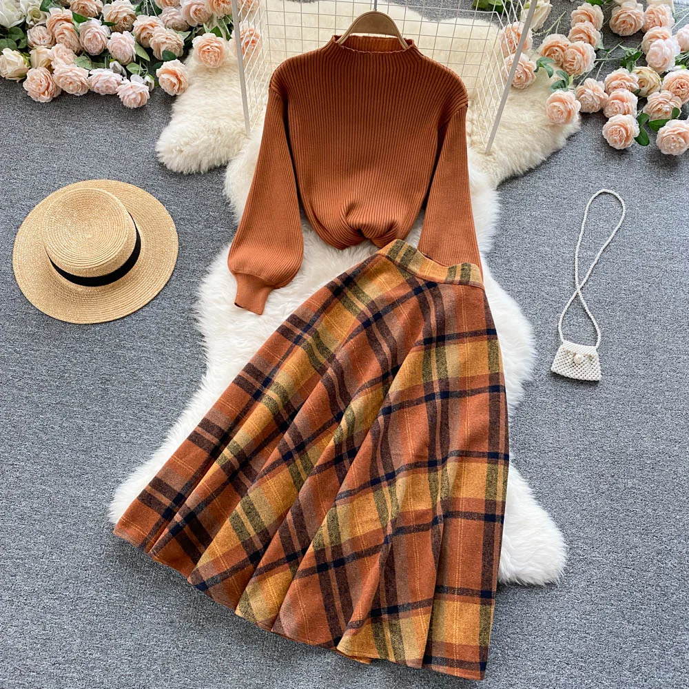 Women\'s Spring Autumn Runway Fashion Knitted Top Plaid Skirt 2 pcs Dress Female Chic Travel Party Dress TB2103