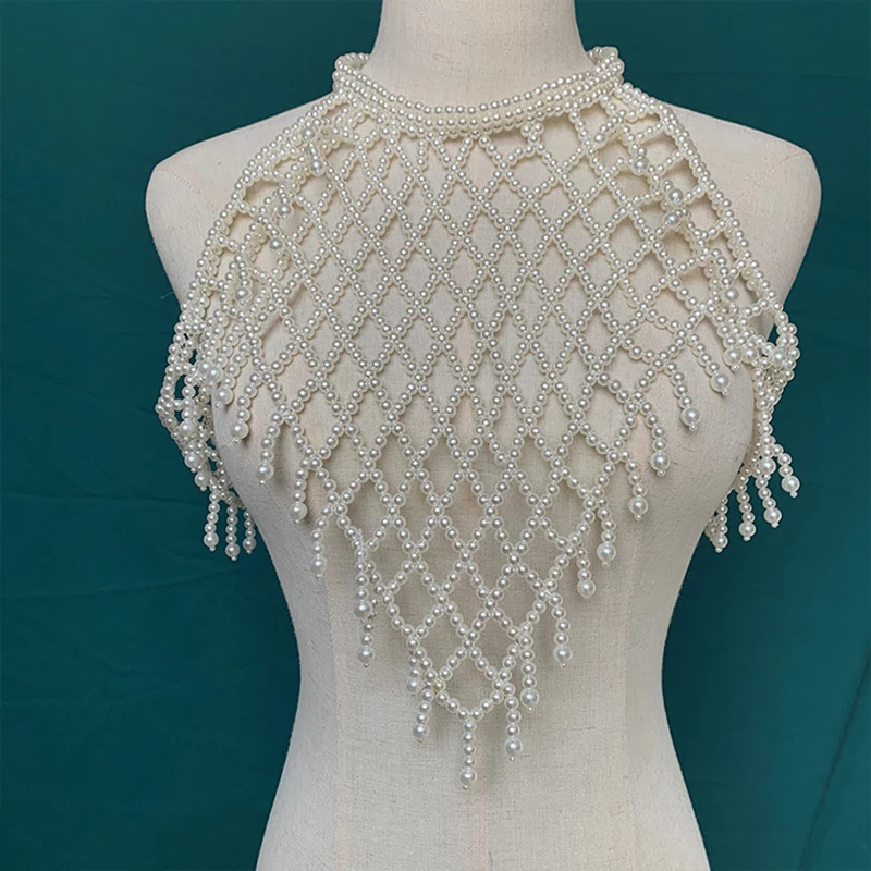 New big size necklace handmade woven dress accessories party bridal wedding dress pearl shawl large pearl shoulder chain jewelry