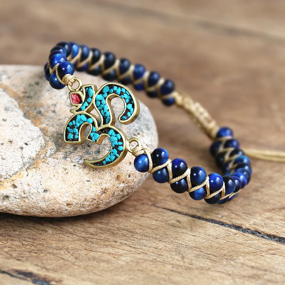 Handmade Buddha Symbol OM Mala Blue Tiger Eye Stone Beads String Braided Yoga Charm Bracelet & Bangle Women Men Jewelry