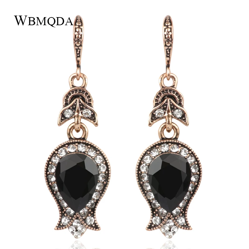 Wbmqda Black Stone Drop Earrings For Women Antique Gold Water Drop Crystal Wedding Earrings Vintage Jewelry Christmas Gifts