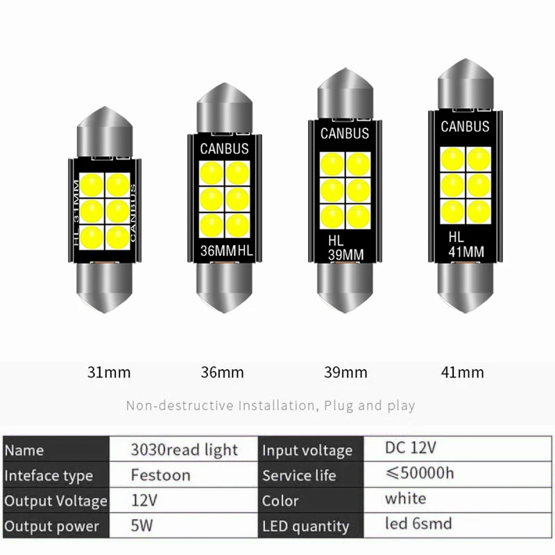 1pcs 3030 Festoon 31mm 36mm 39mm 41/42mm C5W Led Bulb CANBUS C10W Dome Reading Lamp Car Beleuchtung Interior License Plate Light