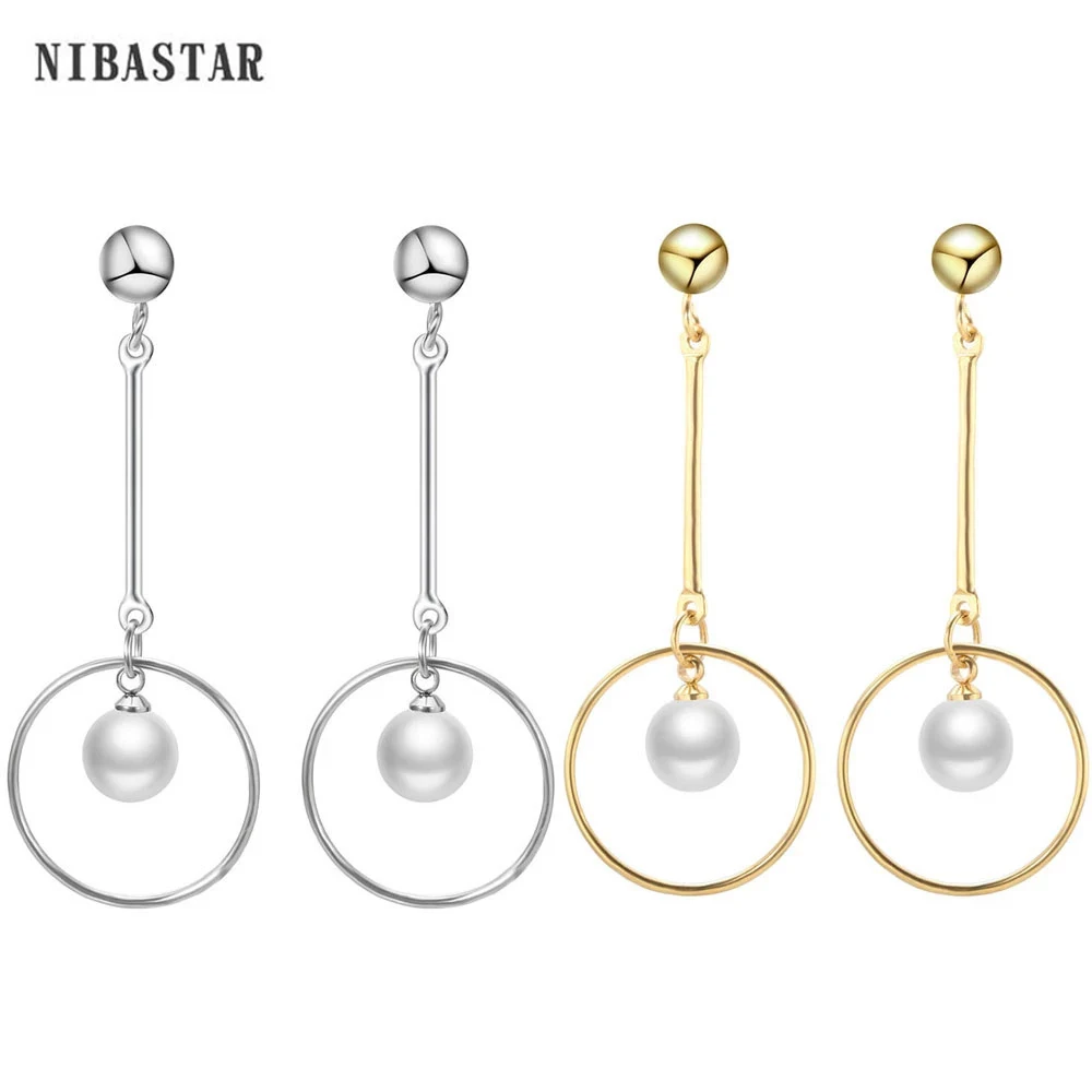 NIBASTAR Long Pearl Drop Earrings For Women Stainless Steel Elegant White Round Pearl Pendent Earring Party Wedding Jewelry